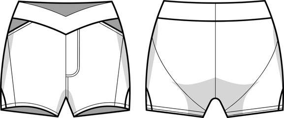 Women activewear V waist shorts cad drawing flat vector illustration showcasing stylish technical design template for modern fitness fashion apparel pattern