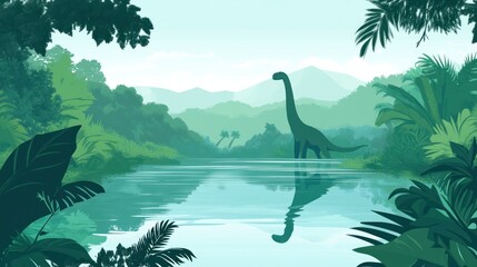 Dinosaur in lush prehistoric landscape with water and foliage environment