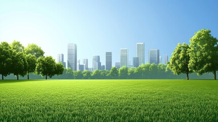 Cityscape view from a green field with trees and skyscrapers under a blue sky