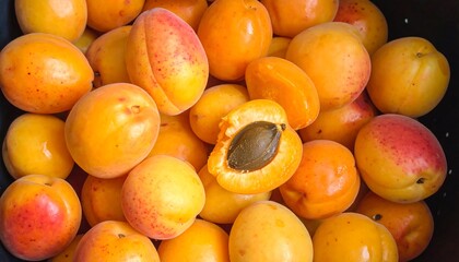 Overhead shot of many round, orange, ripe fruits, one halved to reveal a dark brown pit. They are arranged in a dark container