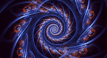 Intricate Fractal Spiral with Blue and Orange Hues, Abstract Com