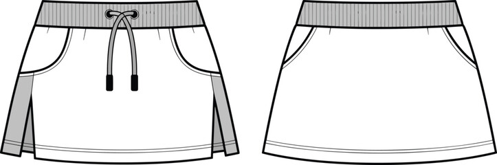 Women sporty casual mini skirt CAD drawing flat vector illustration with elastic waistband drawstring side pocket detailed fashion template
