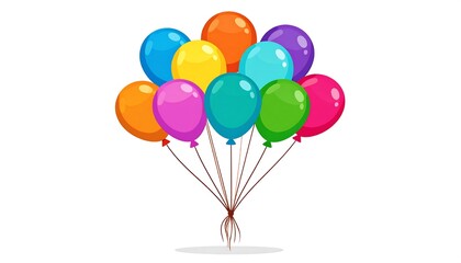 A cheerful illustration of a bunch of ten multicolored balloons tied together, floating against white
