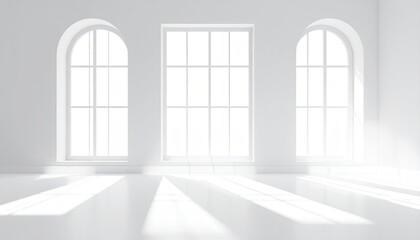 Bright white room with arched windows and rectangular center window, sunlit