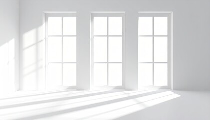Interior Three white windows, minimalist design, shadows from sunlight, bright and empty