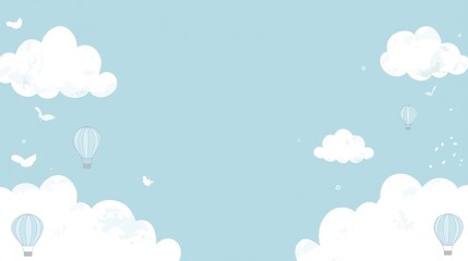 Cartoon sky scene with clouds hot air balloons and birds background design