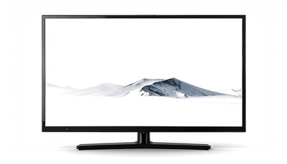 A black, flat-screen display shows a snowy landscape with a solitary mountain