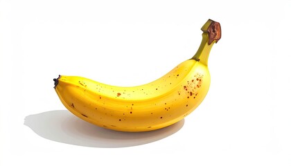 A ripe, yellow banana with brown spots, casting a shadow, on a white background
