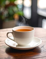 Obraz premium Steam rising from a warm cup of tea on a wooden table