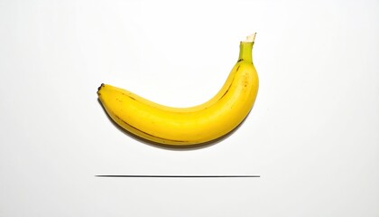 A single ripe, curved yellow fruit with a brown shadow on a clean white backdrop