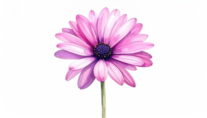 A delicate pink and purple daisy flower blooms against a clean white background