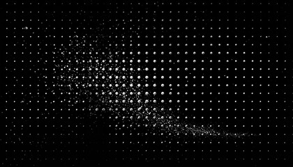 Abstract grayscale design featuring a dot grid and a flowing, granular cloud