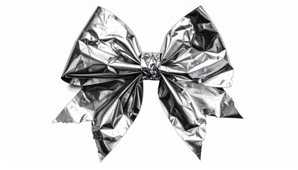 Close-up of a shiny, crumpled silver bow against a clean white background