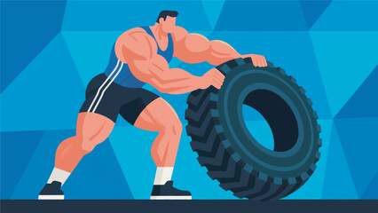 Fototapeta premium Illustration Of A Man With Big Muscles In Sportswear, Lifting A Big Tire Vector Design Template