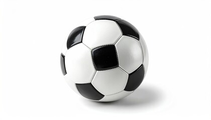A classic soccer ball with black and white pentagons on a white backdrop