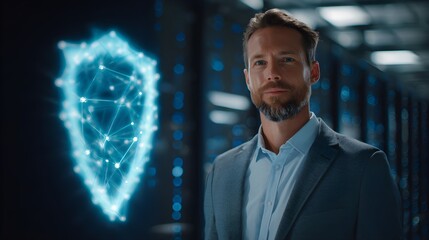 Businessman in server room with digital overlay of cybersecurity shield icon, glowing data lines, secure digital network background, no noise or blur --ar 16:9