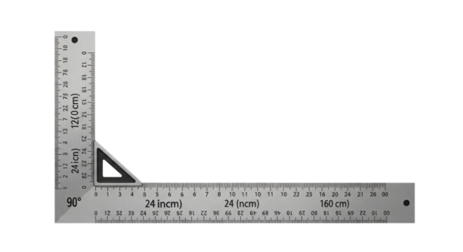 Metal square ruler showing 90 degrees angle isolated PNG with Transparent Background