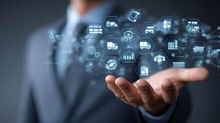 Businessman presenting virtual supply chain icon, digital logistics and resource management system, high-resolution business environment --ar 16:9