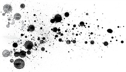 Black ink splatters and droplets against a white background, creating a dynamic composition