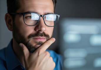 Obraz premium Focused man with glasses pondering over computer screen reflecting bright display of data and code