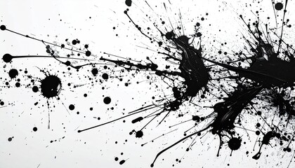 Black paint splatters and streaks across a white background, creating an abstract design