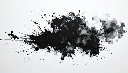 A monochrome abstract composition of ink explosions and swirling smoke on white