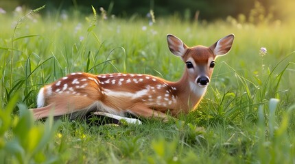 Wildlife scene featuring a white-tailed fawn among blades of grass – naturalistic posture, detailed fur, and calm outdoor atmosphere.