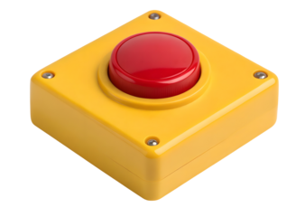 Red emergency stop button on yellow base isolated on white or transparent background