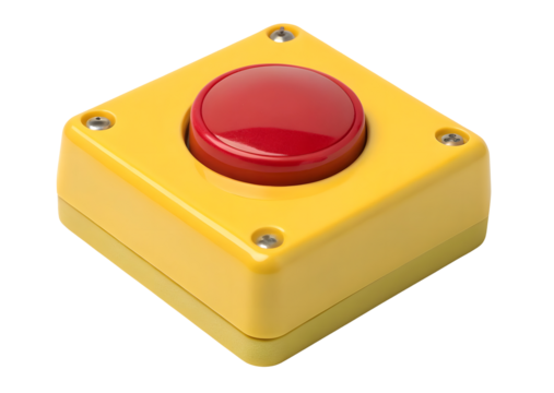 Red emergency stop button on yellow base isolated on white or transparent background