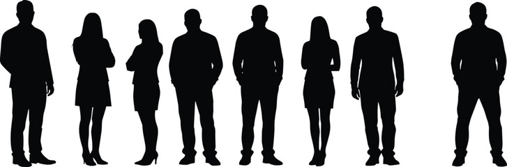 Silhouette of diverse group of business people standing together, teamwork collaboration, professional colleagues, leadership success, office lifestyle, corporate unitySilhouette of diverse group 