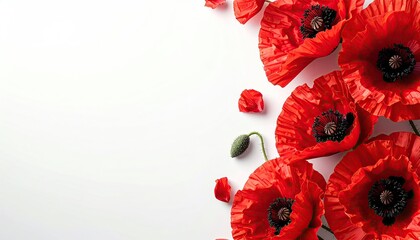 Vivid red blooms and buds cascade right, against a bright white, providing space