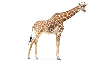 Tall giraffe standing isolated against a bright white background with copy space