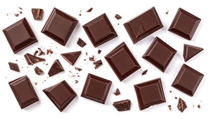 Overhead shot of scattered, individually cut, dark brown squares and fragments of a rich chocolate treat against a pure white backdrop