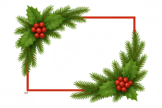 Christmas frame with holly berries and pine branches, festive season border, transparent background design