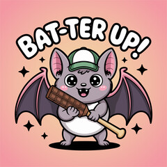 cute bat mascot with cap, holding baseball bat, playful pun theme, sporty halloween crossover, bright cartoon vector illustration