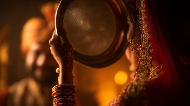 Indian Bride in Red Saree Performing Karva Chauth Puja, Looking at Husband Through Sieve Under Moonlight, Romantic Hindu Festival Ritual for Love and Prosperity