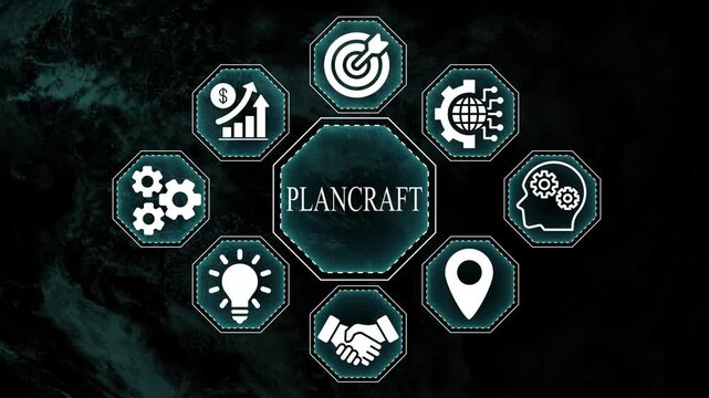 Plancraft logo with business icons and data visualization on abstract background