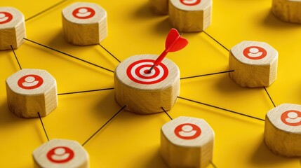 Target Audience Concept with Dart on Center Node of Wooden Markers Connected by Lines