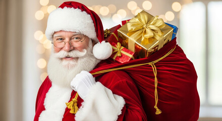 Happy santa claus carrying a big red bag full of christmas gifts and presents in front of a blurred background with bokeh lights