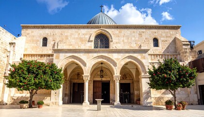 Fototapeta premium Exterior of a light beige stone church with a dome