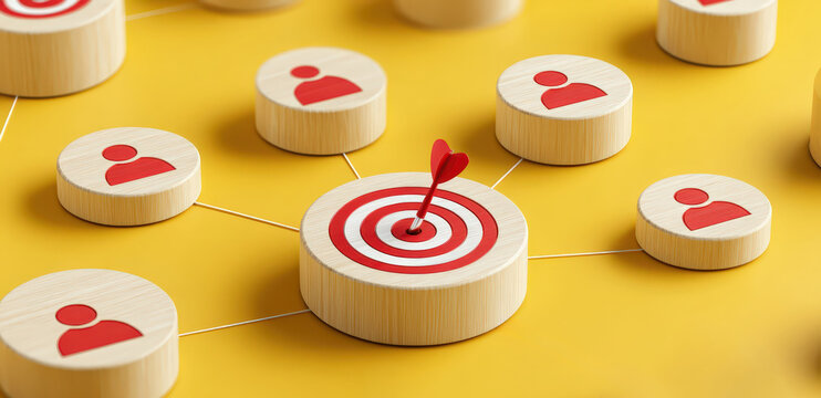 Target Audience Concept with Red Dart Hitting Center of Bullseye on Yellow Background
