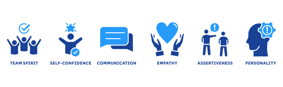Soft skills icon set illustration concept with icon of personality, problem solving, confidence, adaptability, empathy, collaboration, patience, communication