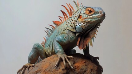 Obraz premium Detailed view of a vibrant iguana perched on a textured rock surface