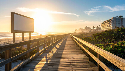 Obraz premium Wooden Boardwalk Leading to the Beach at Sunrise.
