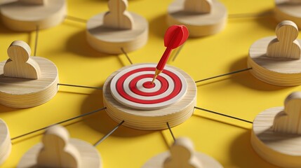 Target Audience Connection with Wooden Figures and Red Dart on Yellow Background