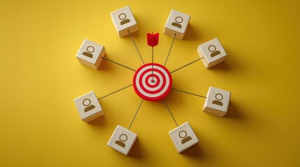 Target Audience Concept with Wooden Blocks and Red Dart on Yellow Background