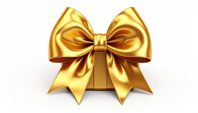 A close-up studio shot of a golden gift box and ornate matching bow on white
