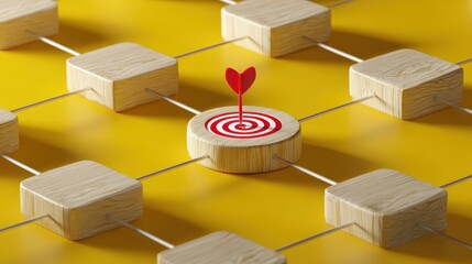 Target with Heart Symbol Centered on Yellow Background Featuring Wooden Tiles Layout