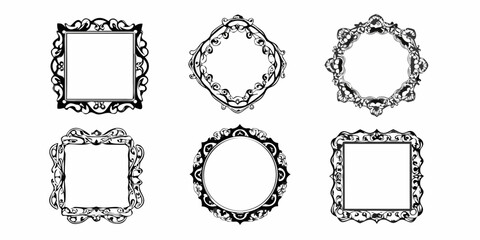 Collection of six ornate black and white decorative frames and borders with various shapes and intricate designs