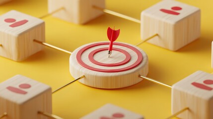 Focus on Success with Dart Hitting Target Amidst Blocks on Bright Yellow Background